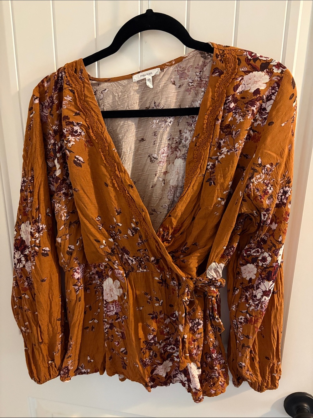 Maurices Mustard Floral Wrap-Style Long Sleeve Blouse